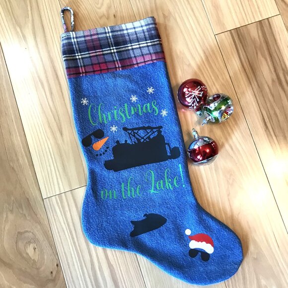 Denim Christmas Stocking: Lake House Fishing Decor, Pontoon Boat Jet Ski Graphic - Picture 4 of 10